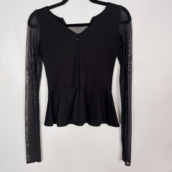 Amanda Uprichard Size P Black Mesh Peplum Long Sleeve Top Deep V Cut Out Stretch - Picture 2 of 14
